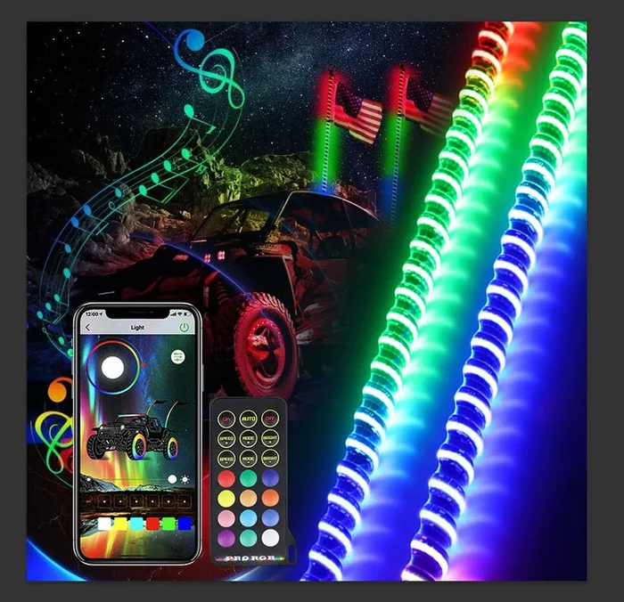 3FT Spiral Led Whip Lights 0.75″ diameter With APP+Remote Controllor