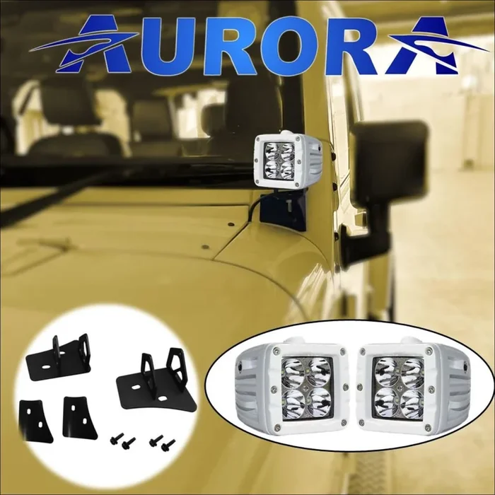 Aurora White LED Pod Light Kit Plus mounts for Jeep Wrangler JK