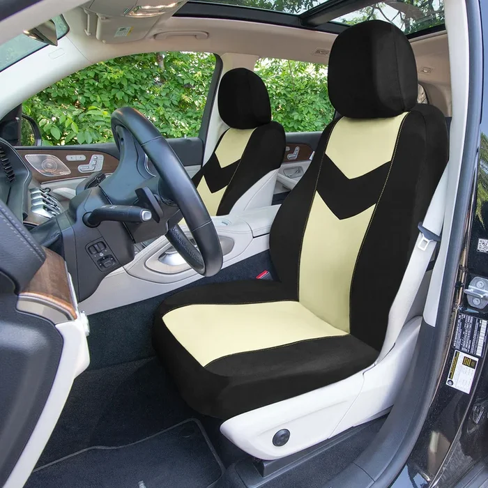 Chevron Flat Cloth Car Seat Covers Full Set – Beige