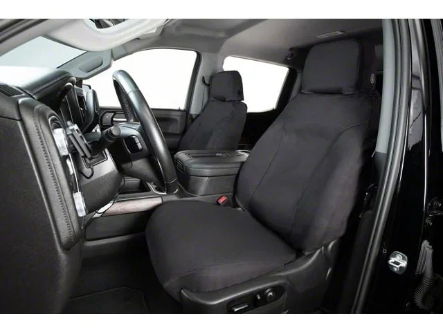Covercraft Seat Saver Polycotton Custom Front Row Seat Covers; Charcoal (17-19 Sierra 3500 HD w/ Bench Seat & Fold-Down Center Console w/ a Lid/Cupholder & Center Seat Bottom Storage)Find parts that fit my vehicle
