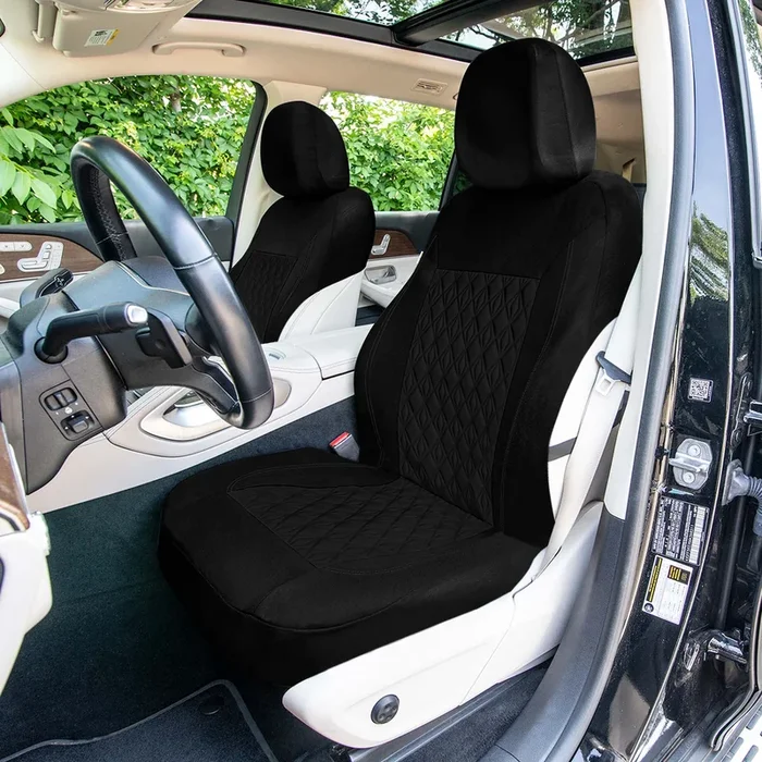 Diamond Stitched Flat Cloth Car Seat Covers Full Set – Black