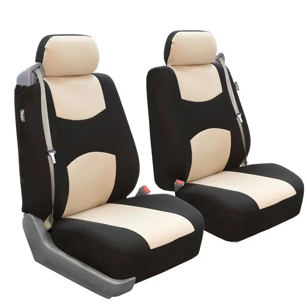 Flat Cloth All-Purpose Built-In Seatbelt Seat Covers – Front Set Beige
