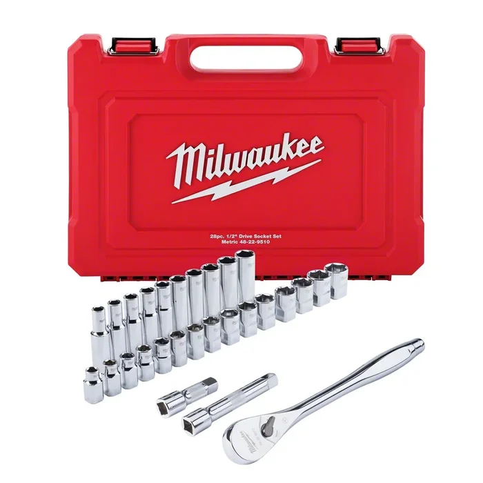 Milwaukee Tool 1/2-Inch Drive Metric Ratchet and Socket Set with FOUR FLAT Sides; 28-Piece