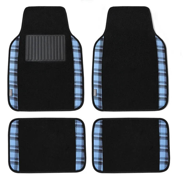 Tartan11 Plaid Trim Non-Slip Carpet Floor Mats – Full Set Blue